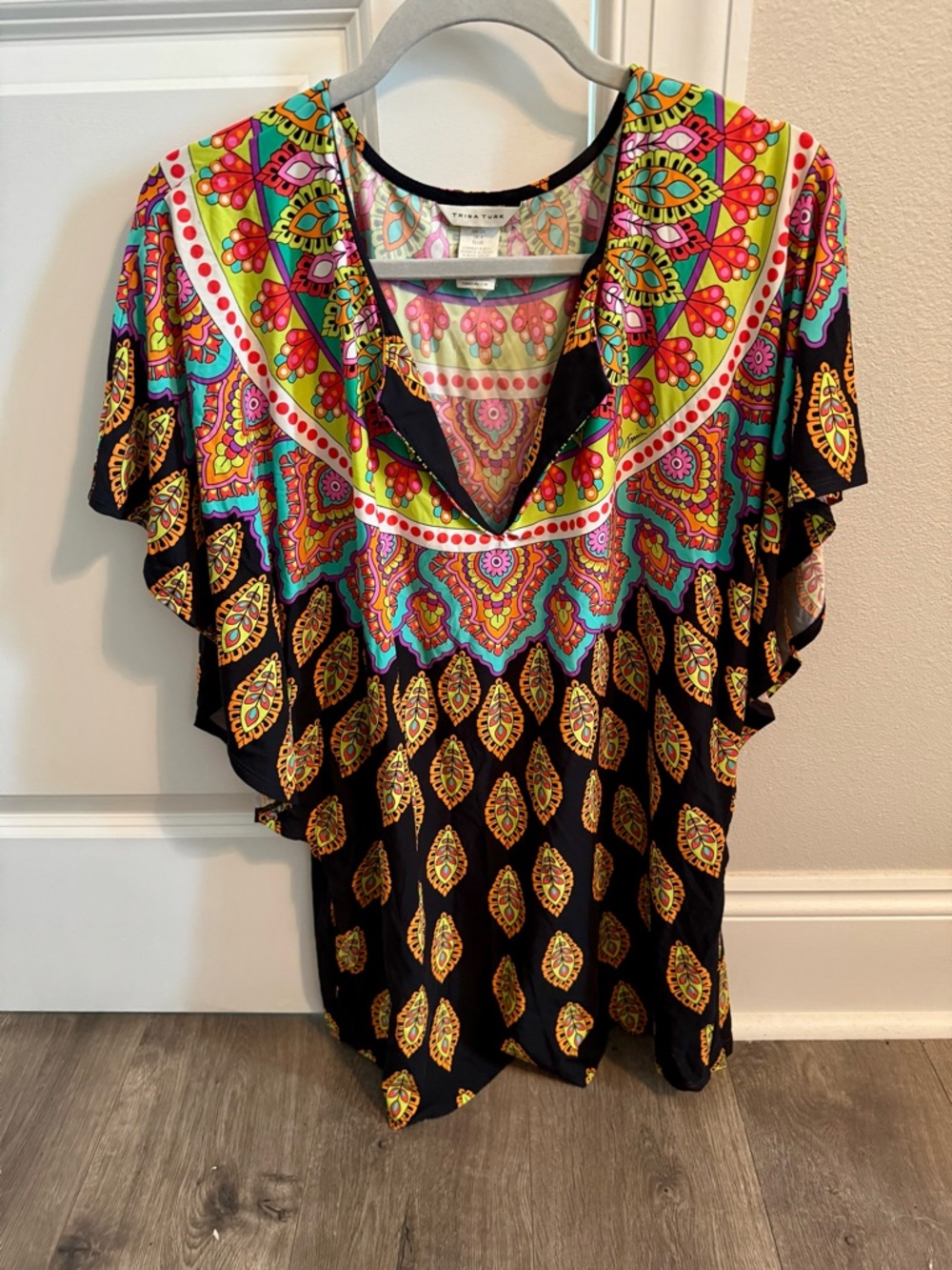 Trina Turk Black V-Neck Tunic with Bright Paisley Print